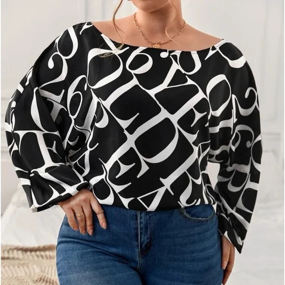 Classic Elegant Abstract Alphabet Letter Print Batwing Sleeve Top Blouse - Picture 6 of 11